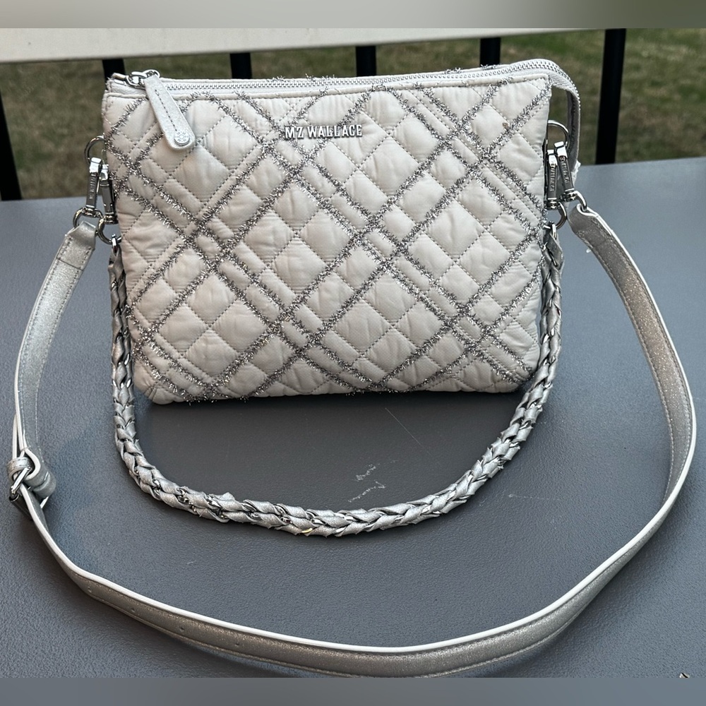 MZ Wallace Large Light Gray And Silver Quilted Crossby Pippa Bag In Frost Tinsel
